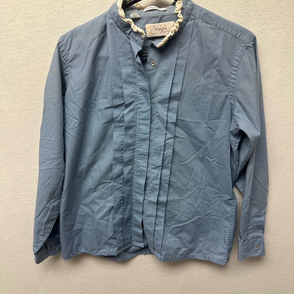 Vintage York Fair for Seiferts Blue Pleated Lace Collar Button Up Shirt Size 14
